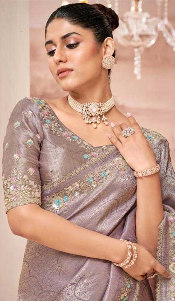 Pure Banarasi Zari Work Wedding Wear Saree In Grey - 10688195478