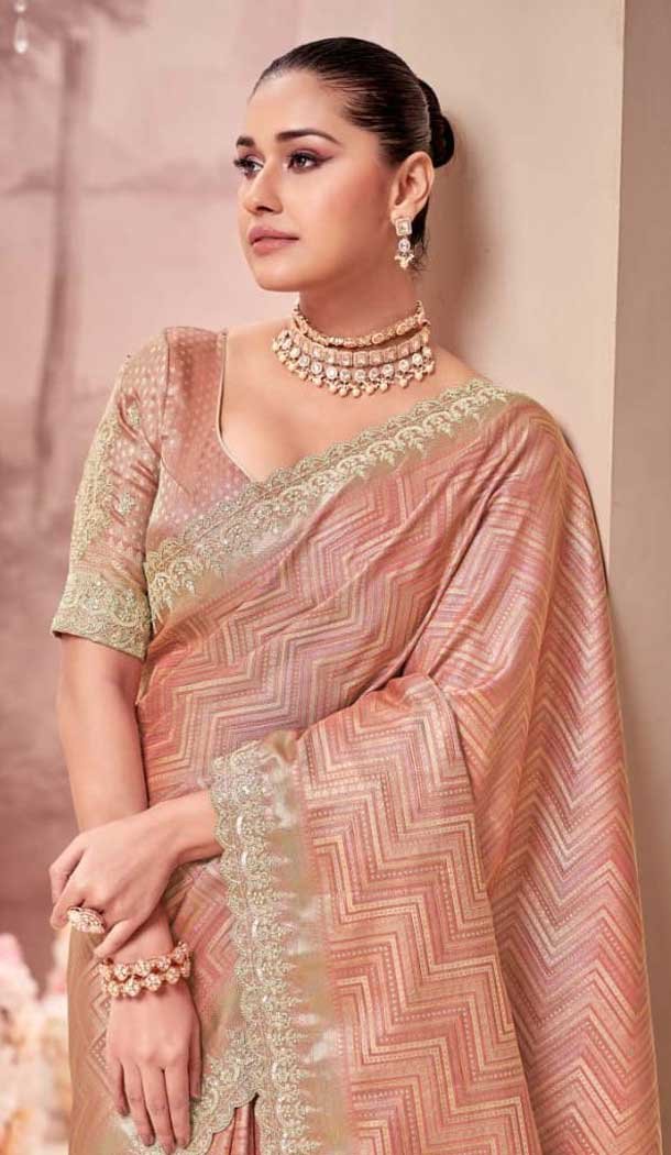 Pure Banarasi Embroidered Wedding Wear Saree In Peach - 10688195483