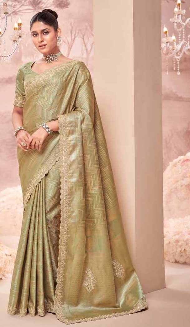 Pure Banarasi Embroidered Wedding Wear Saree In Mehendi Green- 10688195484