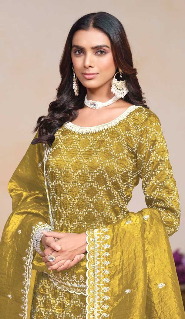 Mustard Gold Crush Resham Work Party Wear Palazzo Suit - 10660195298
