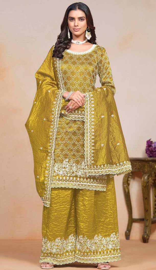 Mustard Gold Crush Resham Work Party Wear Palazzo Suit - 10660195298