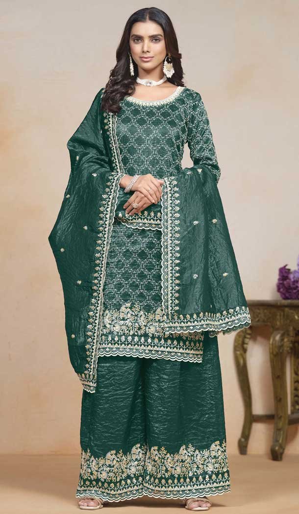 Teal Blue Gold Crush Resham Work Party Wear Palazzo Suit - 10660195300