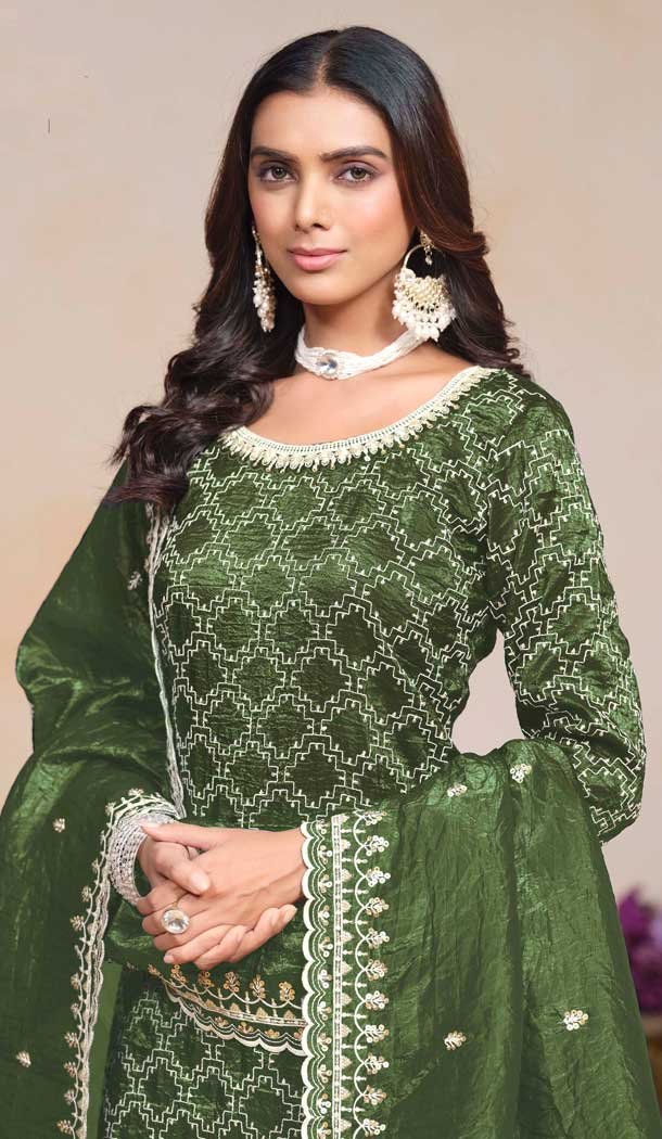 Mehendi Green Gold Crush Resham Work Party Wear Palazzo Suit - 10660195301
