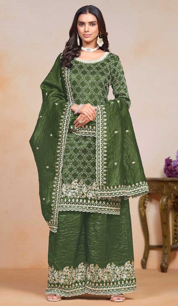 Mehendi Green Gold Crush Resham Work Party Wear Palazzo Suit - 10660195301
