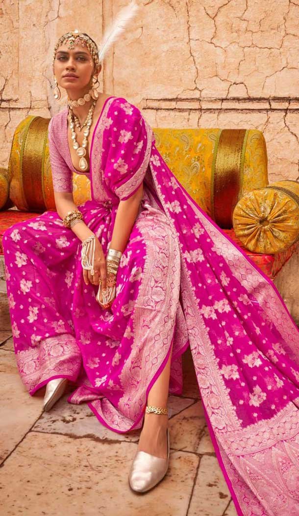 Rani Pink Georgette Zari Woven Work Party Wear Saree - 10690195491