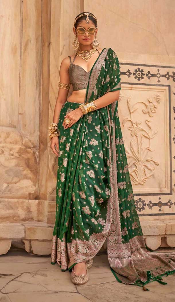 Green Georgette Zari Woven Work Party Wear Saree - 10690195493