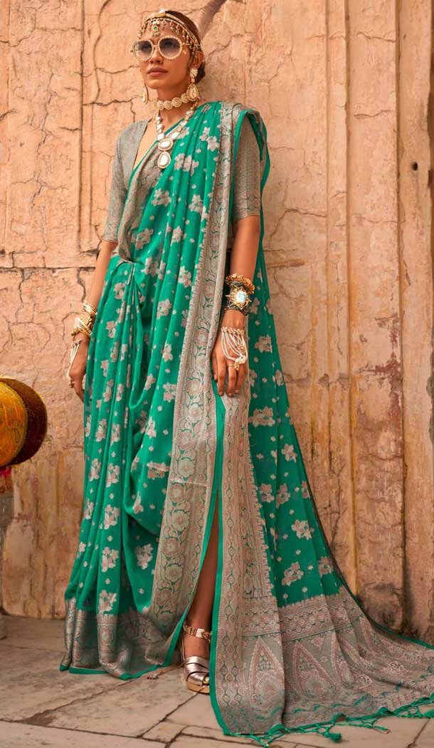 Mint Green Georgette Zari Woven Work Party Wear Saree - 10690195495