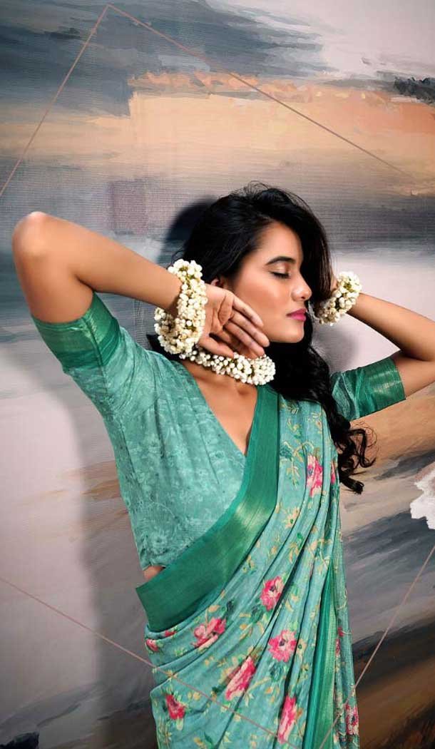 Cotton Silk Printed Casual Wear Saree In Teal Blue - 10691195500