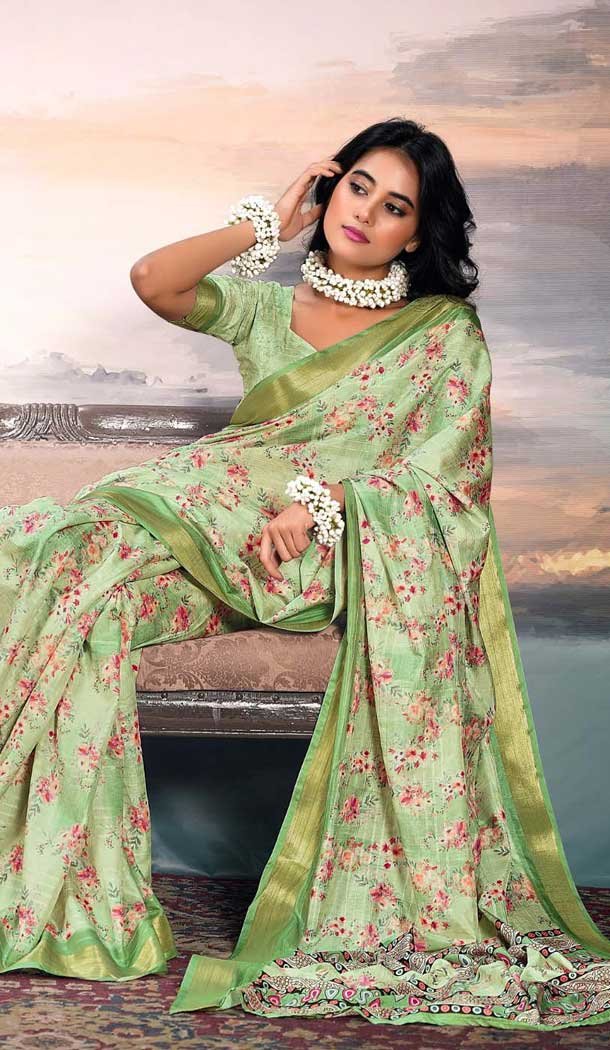 Cotton Silk Printed Casual Wear Saree In Green - 10691195503