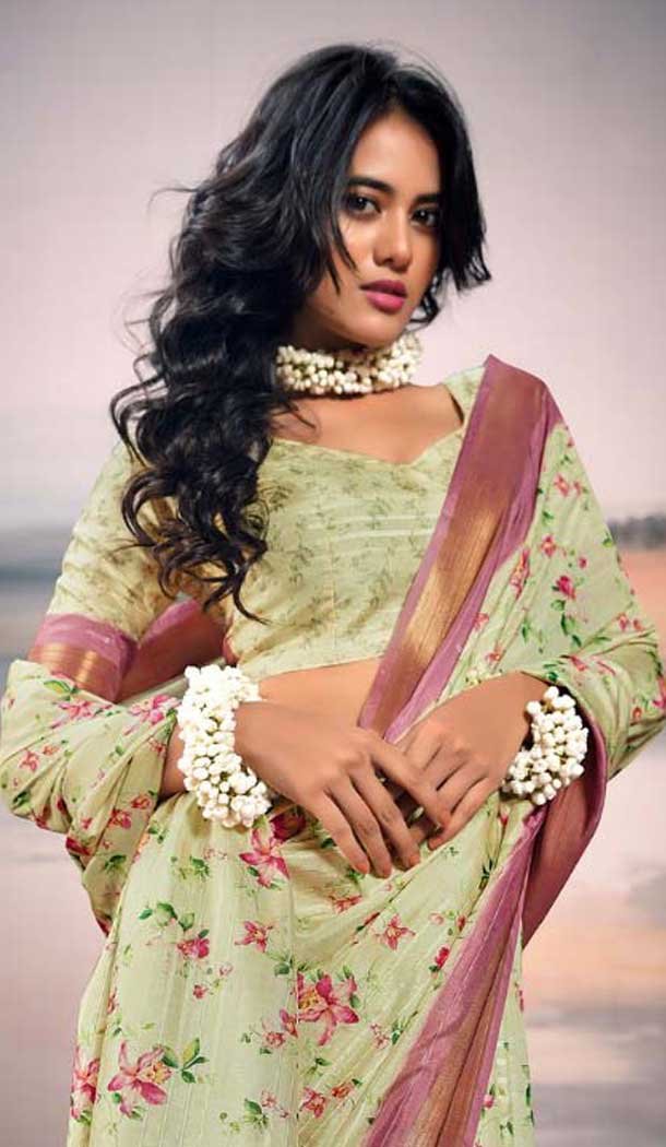 Cotton Silk Printed Casual Wear Saree In Pista Green - 10691195498