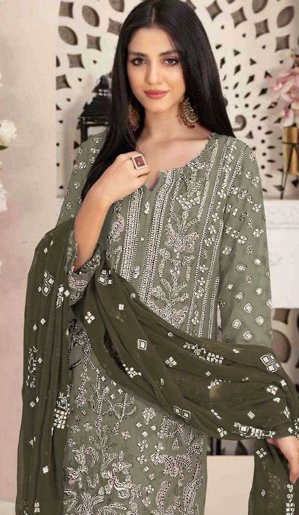 Fox Georgette Embroidered Pakistani Style Salwar Suit In Grey - 10694195516