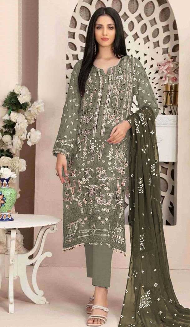 Fox Georgette Embroidered Pakistani Style Salwar Suit In Grey - 10694195516