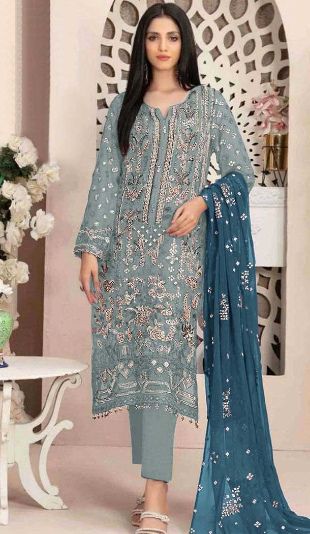 Fox Georgette Embroidered Pakistani Style Salwar Suit In Aquva Blue - 10694195517
