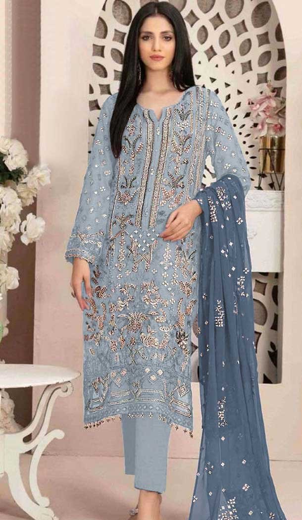 Fox Georgette Embroidered Pakistani Style Salwar Suit In Sky Blue - 10694195519