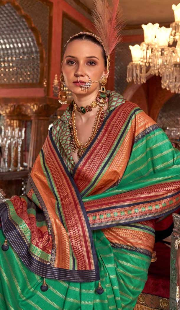 Super VB Silk Printed Party Wear Saree In Green - 10743195801