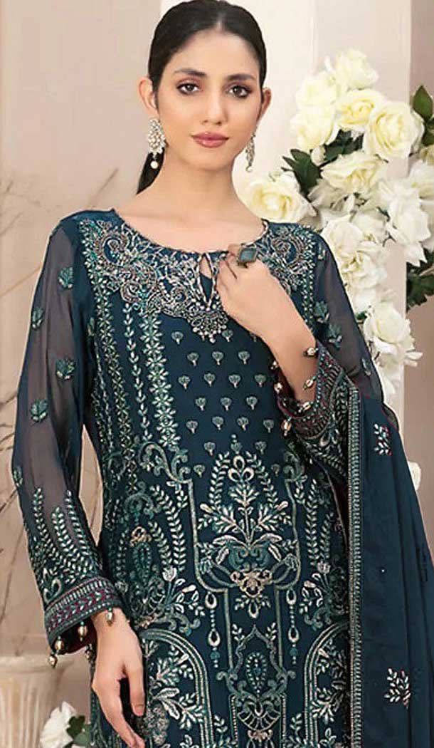 Dark Teal Blue Fox Georgette Embroidered Pakistani Salwar Suit - 10751195935