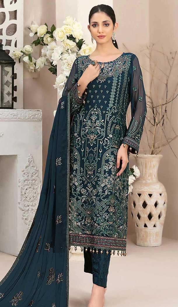 Dark Teal Blue Fox Georgette Embroidered Pakistani Salwar Suit - 10751195935