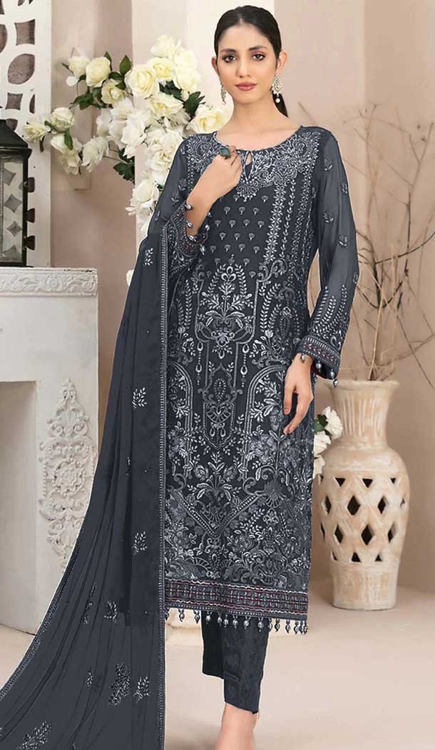 Grey Fox Georgette Embroidered Pakistani Salwar Suit - 10751195938