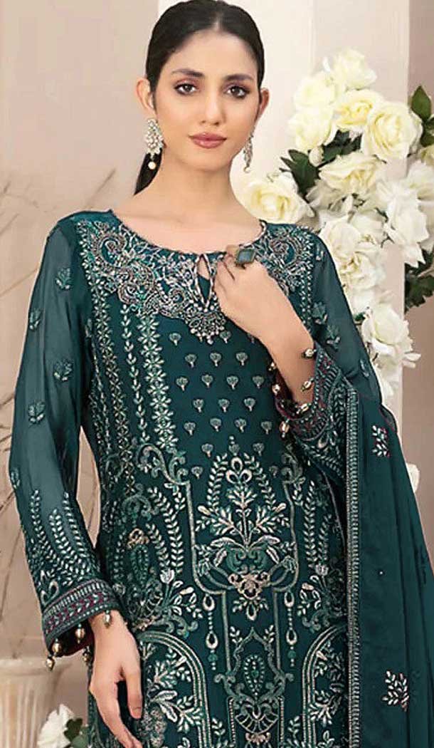 Teal Blue Fox Georgette Embroidered Pakistani Salwar Suit - 10751195941