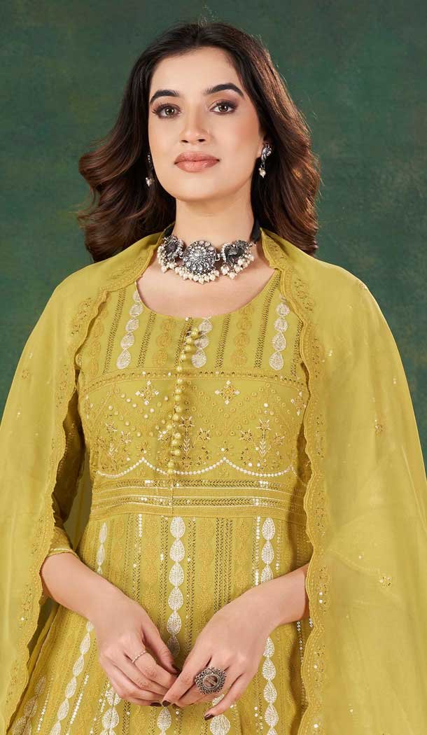 Georgette Resham Work Party Wear Salwar Kameez In Yellow - 10760195979