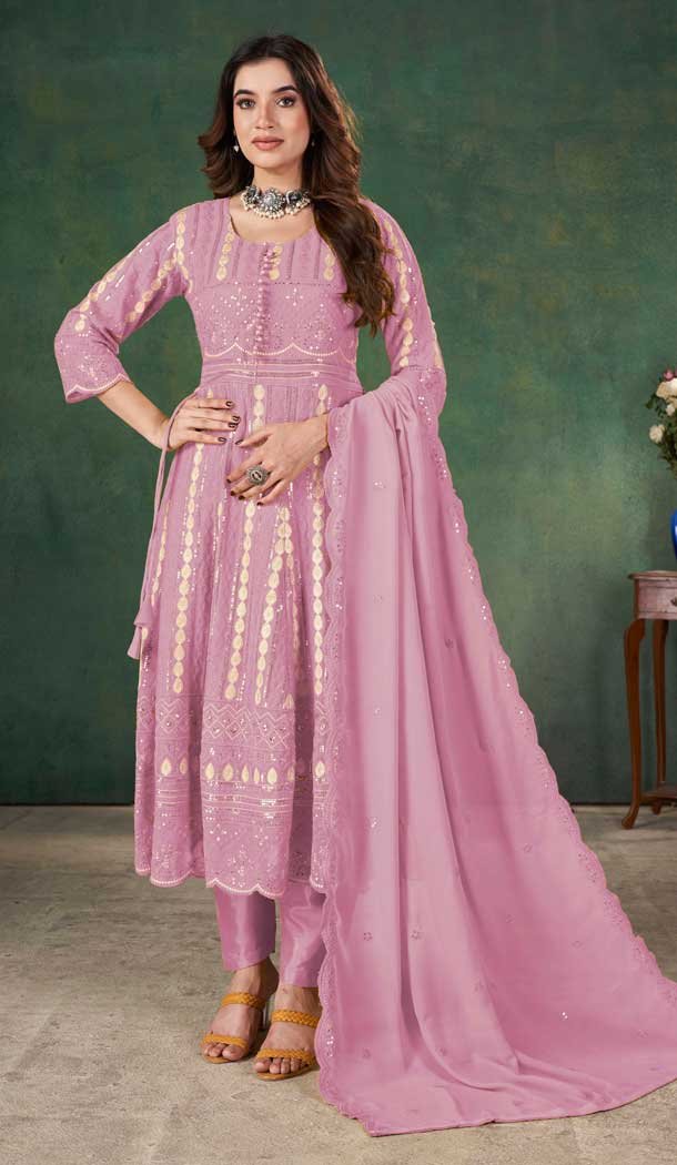 Georgette Resham Work Party Wear Salwar Kameez In Pink - 10760195980