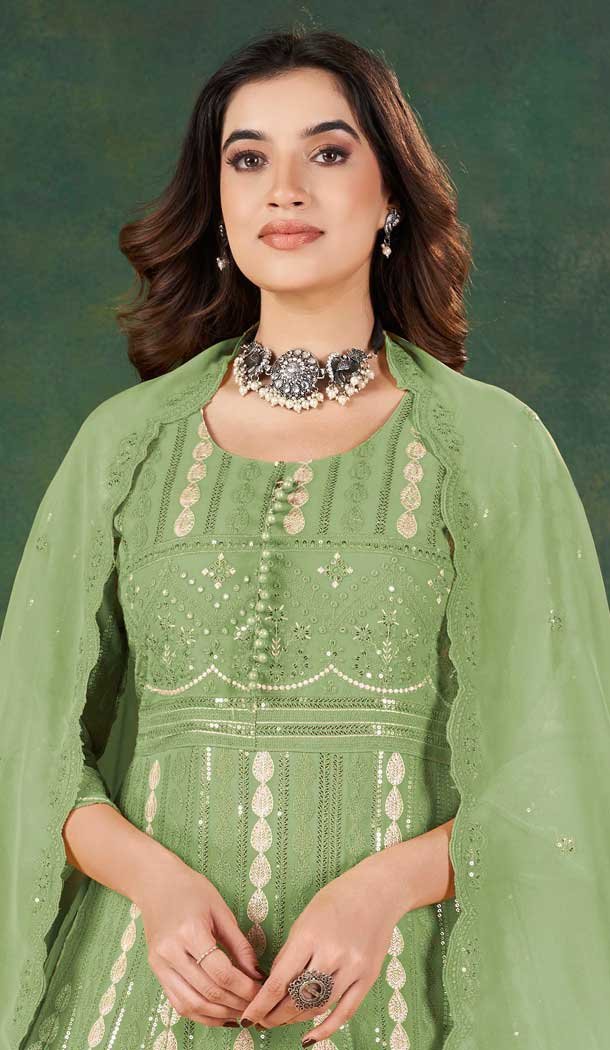 Georgette Resham Work Party Wear Salwar Kameez In Green - 10760195981
