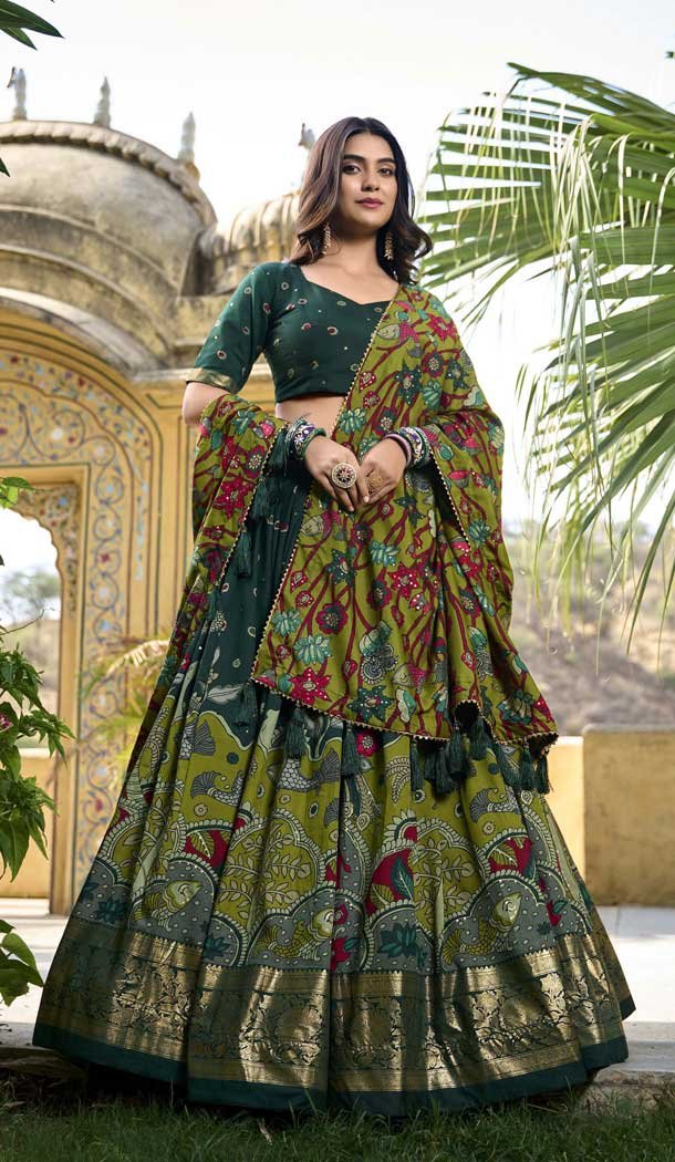 Tussar Silk Bandhani Print Work Party Wear Lehenga Choli In Dark Green - 10793196160