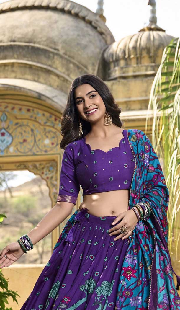 Tussar Silk Bandhani Print Work Party Wear Lehenga Choli In Purple - 10793196162