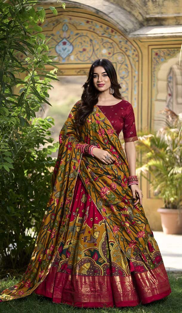Tussar Silk Bandhani Print Work Party Wear Lehenga Choli In Maroon - 10793196163