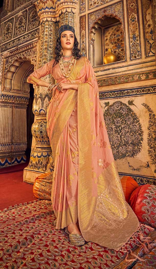 Peach Georgette Silk Zari Work Party Wear Saree - 10776196056