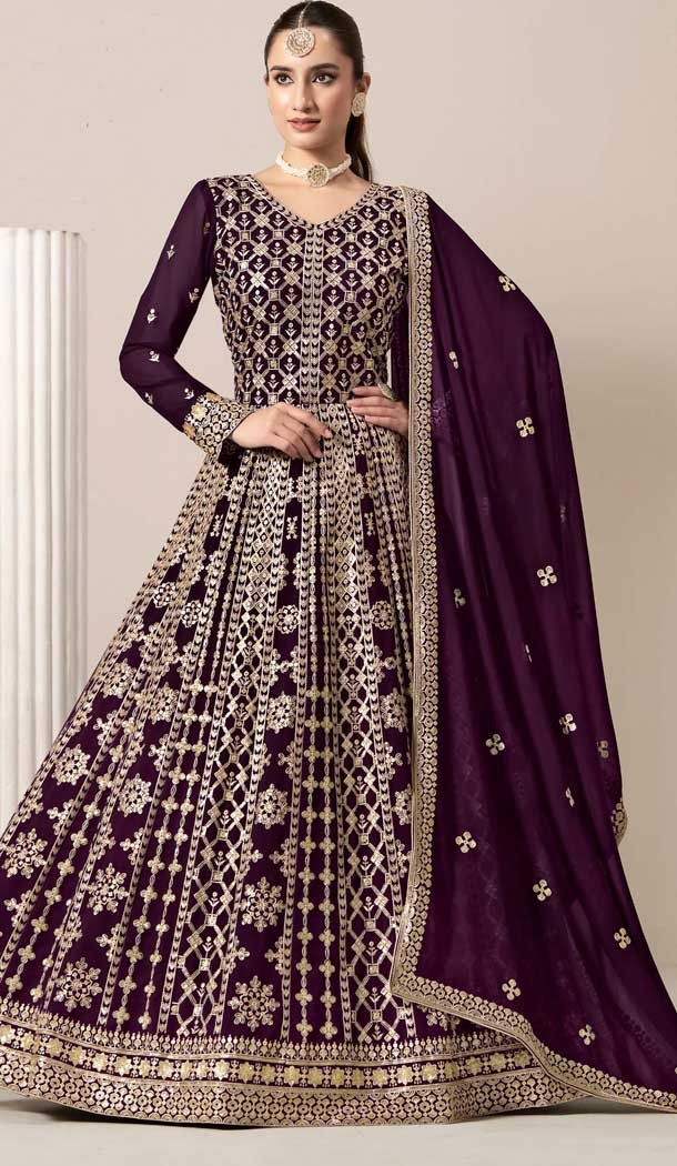 Faux Georgette Sequins Work Anarkali Style Salwar Suit In Purple - 10779196071