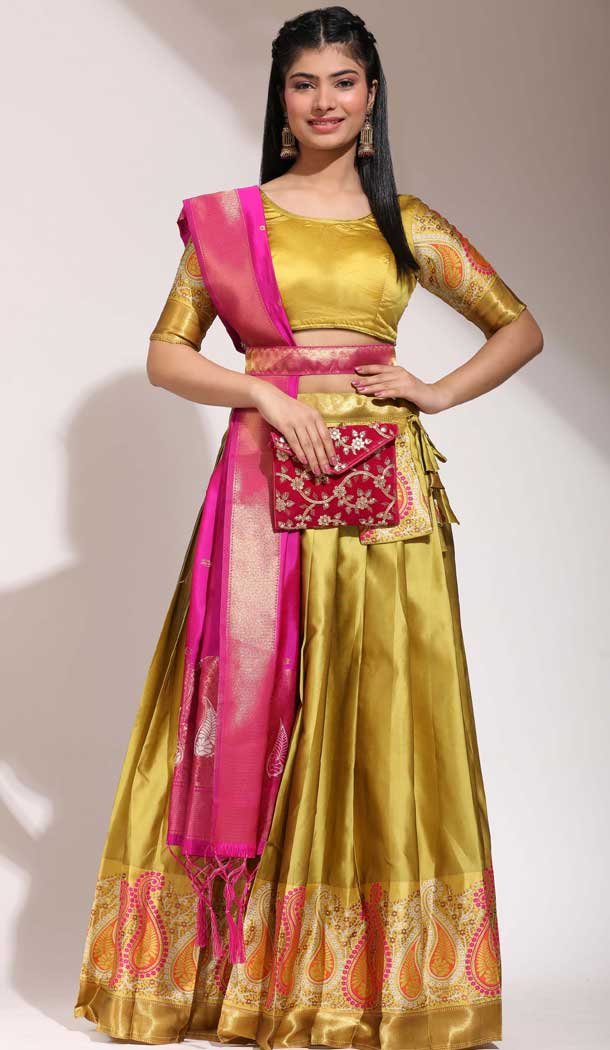 Lichi Silk Thread Work Traditional Wear Lehenga Choli In Mustard - 10625195108