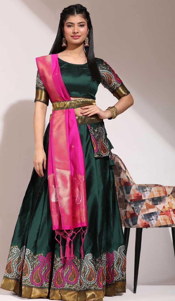 Lichi Silk Thread Work Traditional Wear Lehenga Choli In Bottle Green - 10625195109