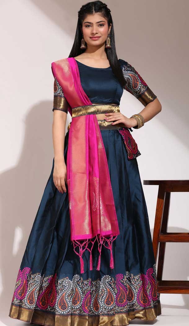 Lichi Silk Thread Work Traditional Wear Lehenga Choli In Teal Blue - 10625195110