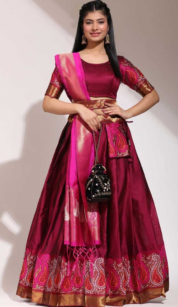 Lichi Silk Thread Work Traditional Wear Lehenga Choli In Maroon - 10625195111