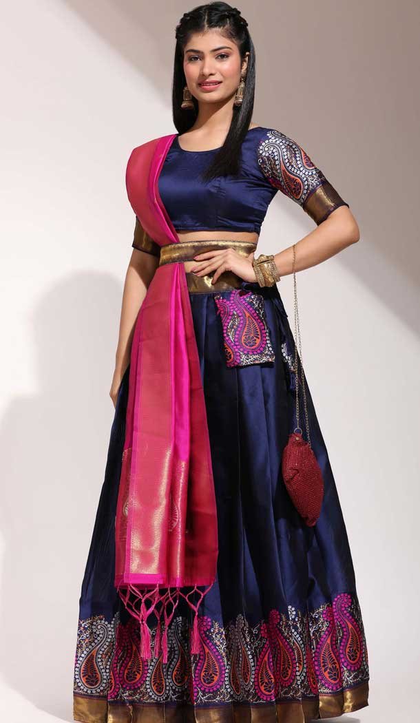 Lichi Silk Thread Work Traditional Wear Lehenga Choli In Navy Blue - 10625195112