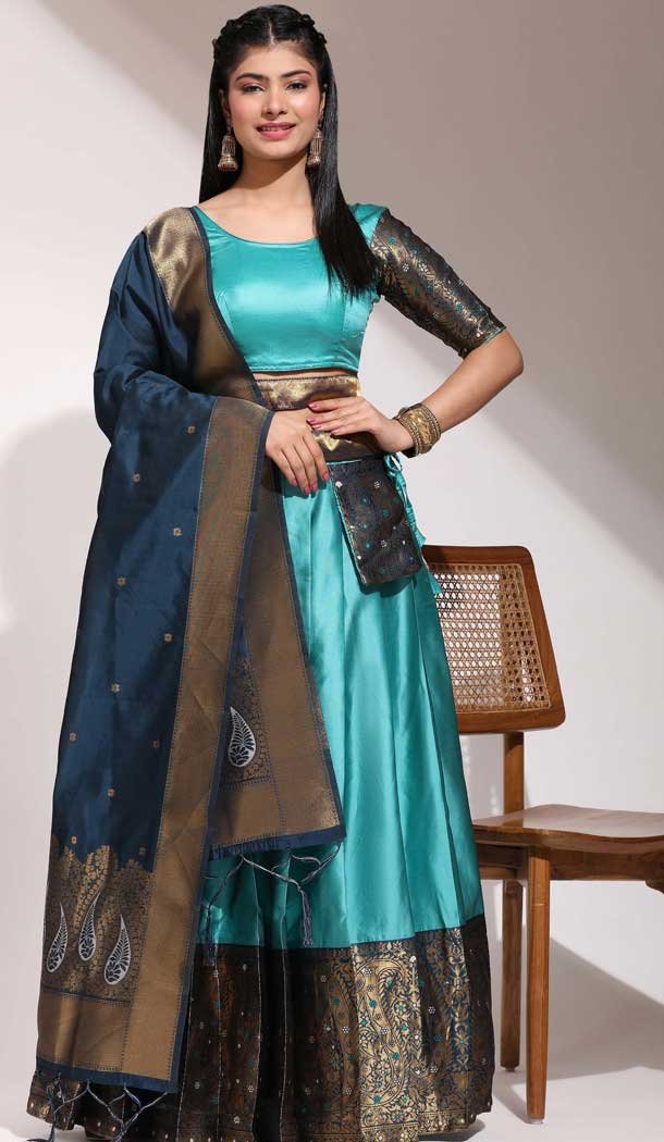 Firozi Blue Lichi Silk Zari Work Traditional Wear Lehenga Choli - 10626195116