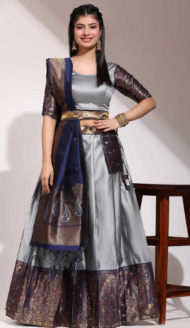 Grey Lichi Silk Zari Work Traditional Wear Lehenga Choli - 10626195117