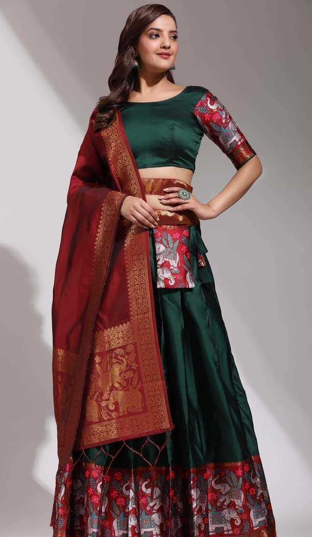 Lichi Silk Weaving Work Party Wear Lehenga Choli In Green - 10629195128