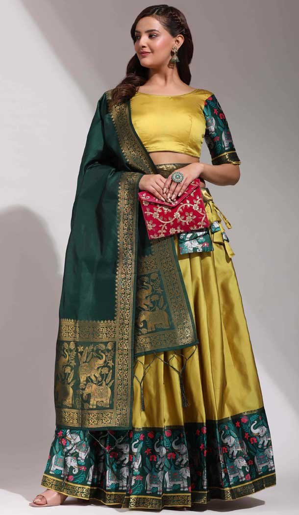Lichi Silk Weaving Work Party Wear Lehenga Choli In Mustard - 10629195129
