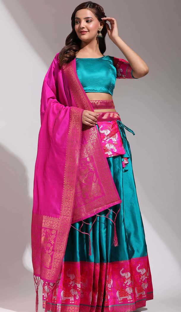 Lichi Silk Weaving Work Party Wear Lehenga Choli In Firozi Blue- 10629195131