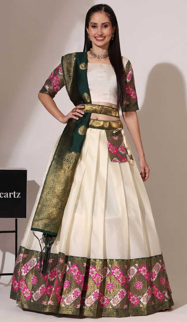 White Lichi Silk Zari Work Treditional Wear Lehenga Choli - 10630195133