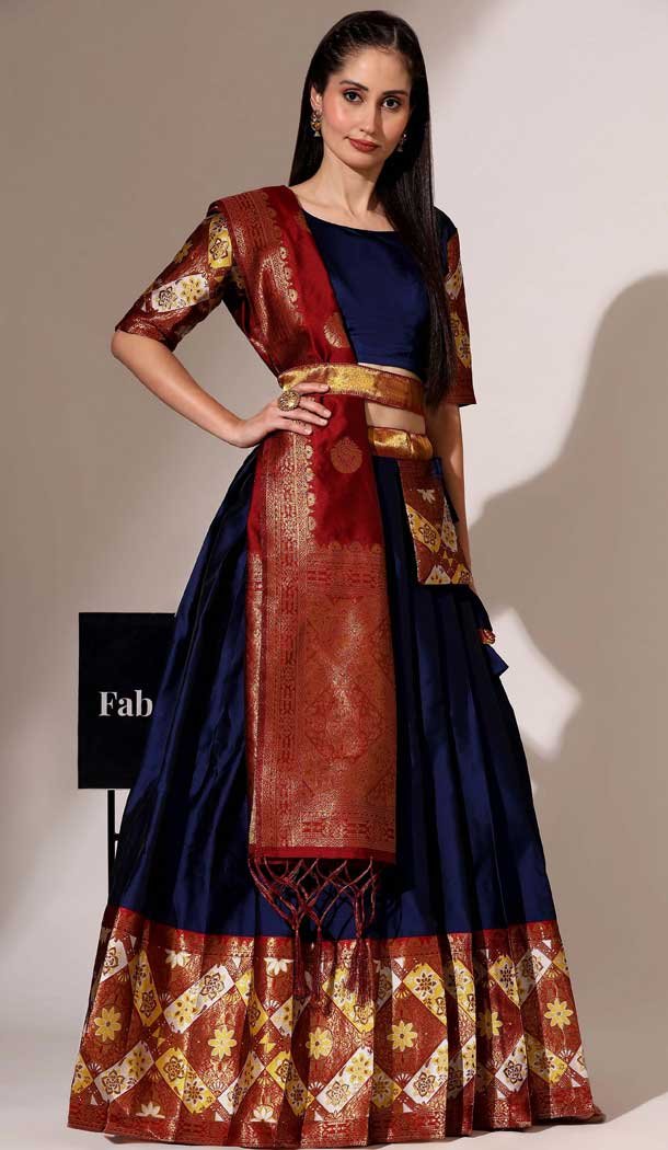 Navy Blue Lichi Silk Zari Work Treditional Wear Lehenga Choli - 10630195135