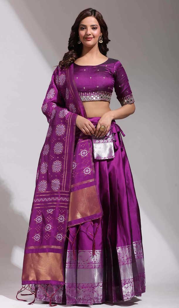 Purple Silk Mirror Work Festival Wear Lehenga Choli - 10645195225