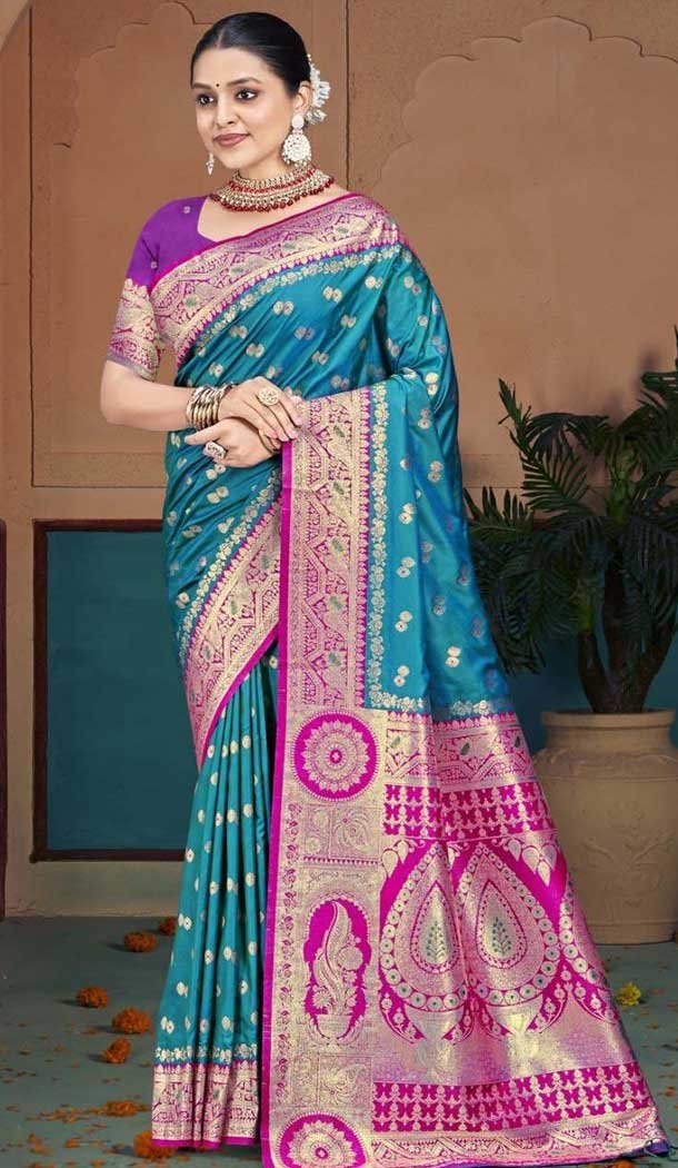 Rama Blue Silk Woven Work Traditional Wear Saree - 10880196805