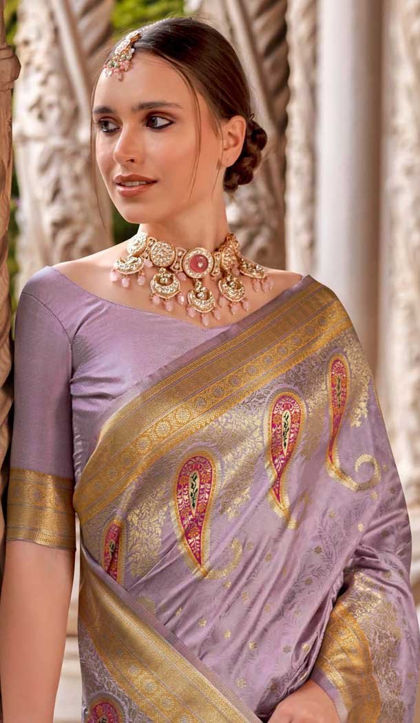 Soft Silk Zari Work Traditional Wear Saree In Lavender - 10881196808