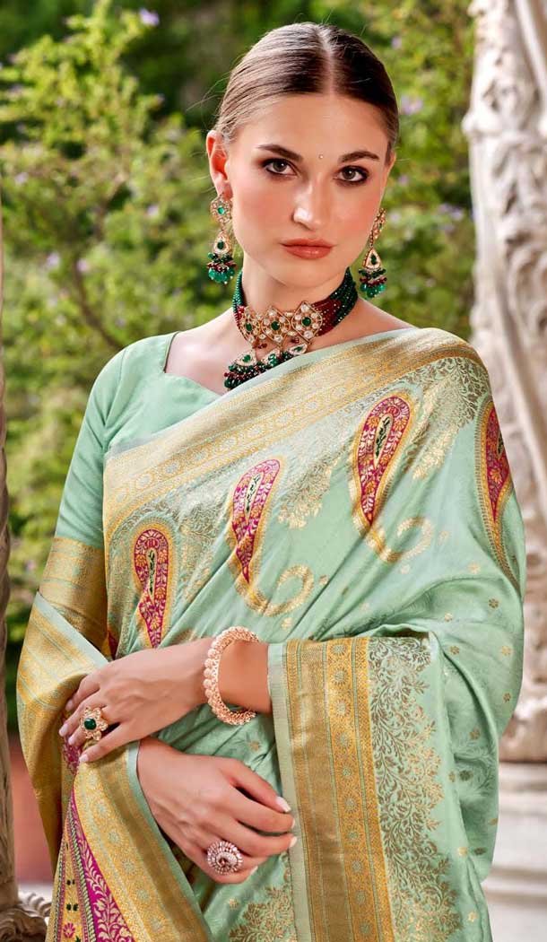 Soft Silk Zari Work Traditional Wear Saree In Sea Green - 10881196810