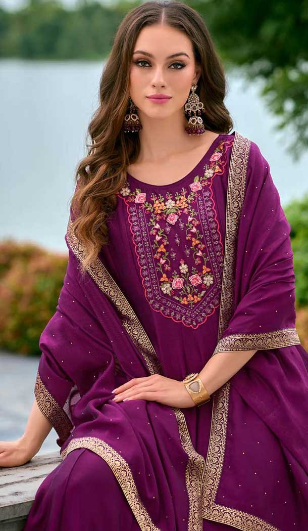 Purple Vichitra Silk Embroidered Readymade Salwar Suit - 10900196937