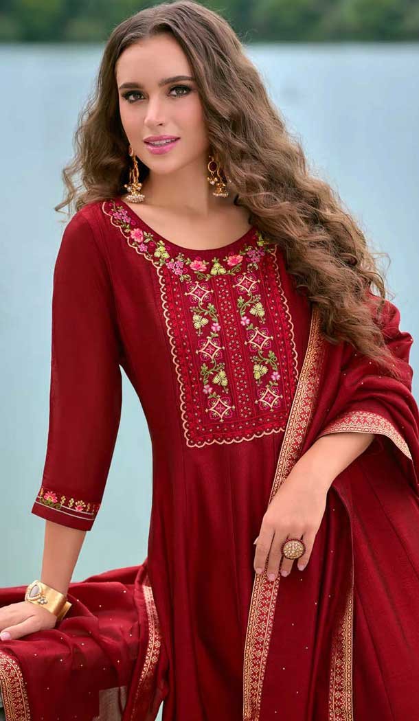 Red Vichitra Silk Embroidered Readymade Salwar Suit - 10900196938