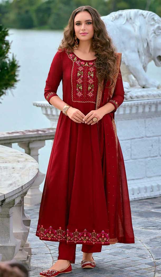 Red Vichitra Silk Embroidered Readymade Salwar Suit - 10900196938